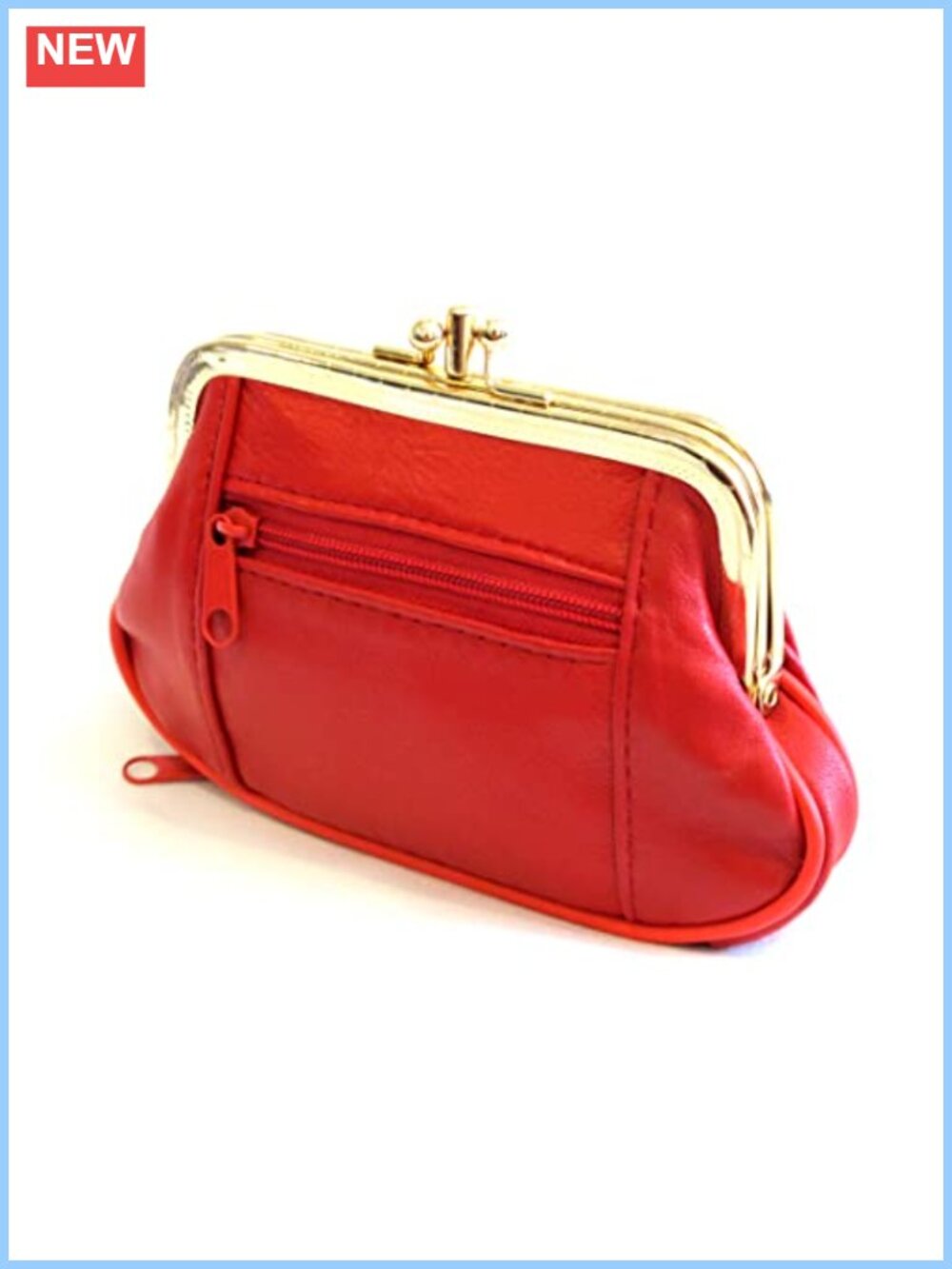 Genuine Leather Mini Coin Wallet Kiss Lock Frame Zipper Closure Card Holder